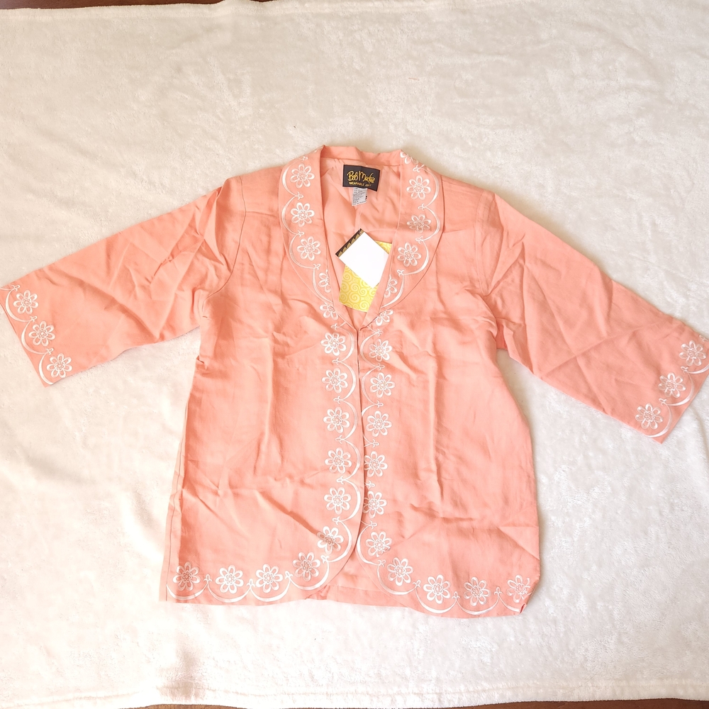 NWT Bob Mackie Lined Linen Floral Embroidered Coral Jacket 3/4 Sleeve size L